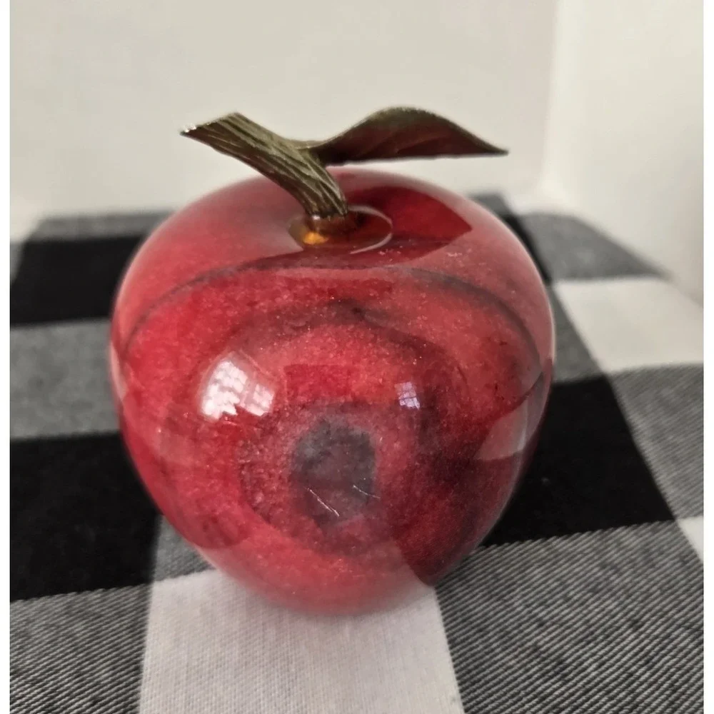 Stone‎ Marble Red Apple Paperweight with Brass Stem Polished Teacher Farmer